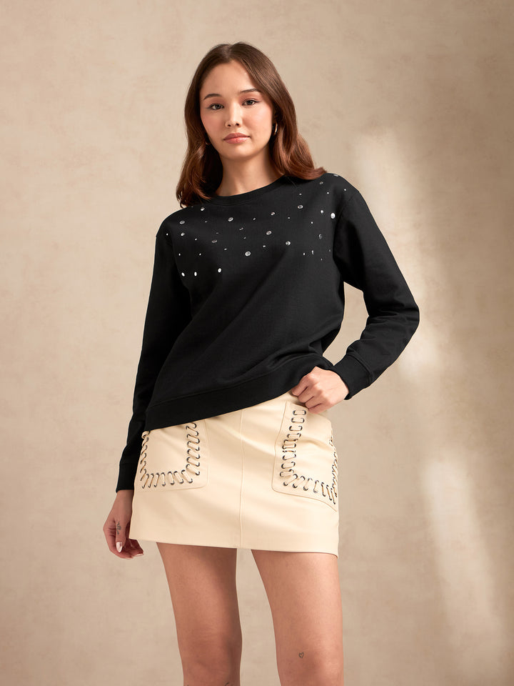 Black Metal Studded Solid Sweatshirt