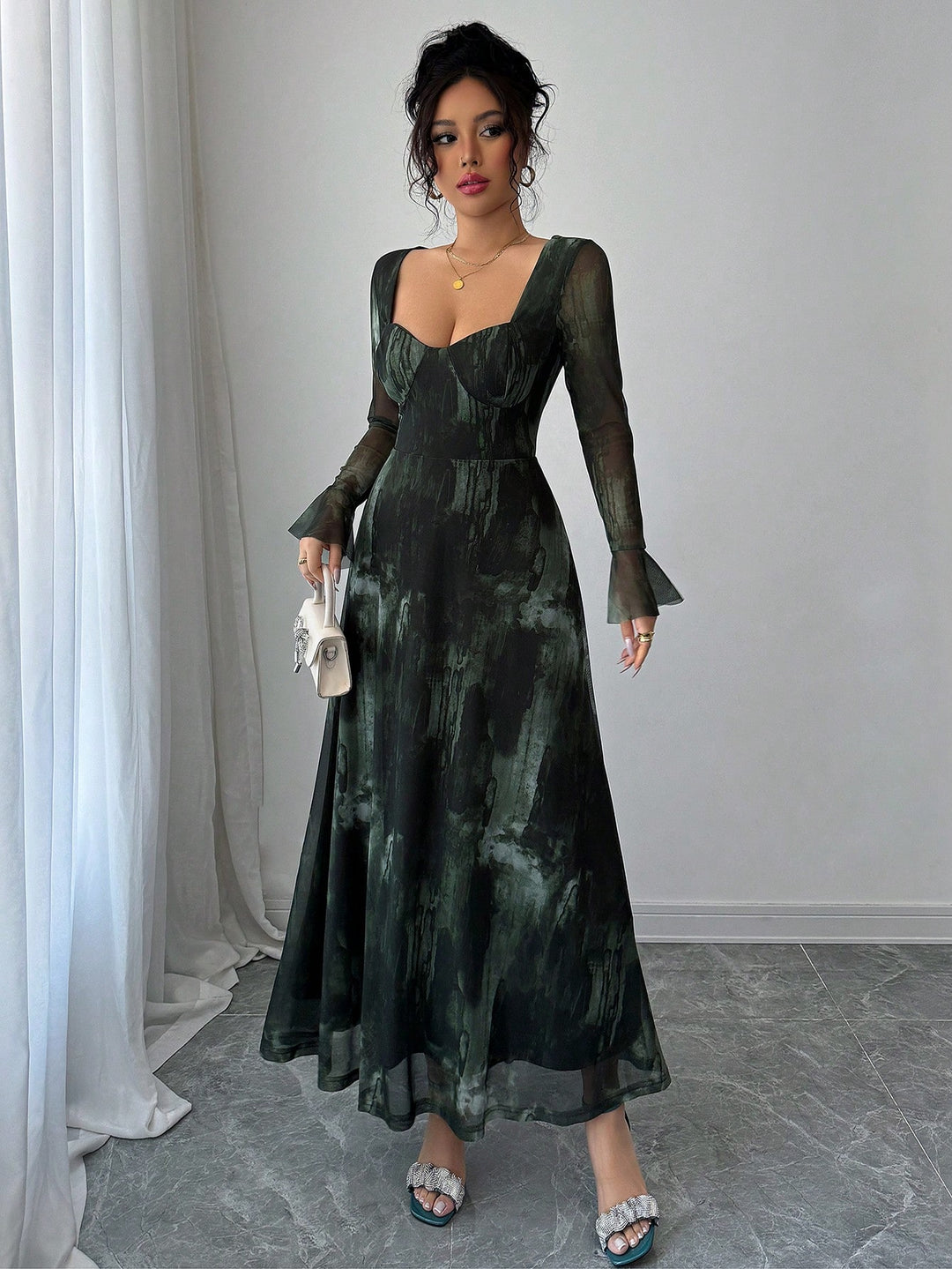green emerald velvet dress Shop Green Sweetheart Neck Flare Sleeve Maxi Dress - for Women | OUTZIDR