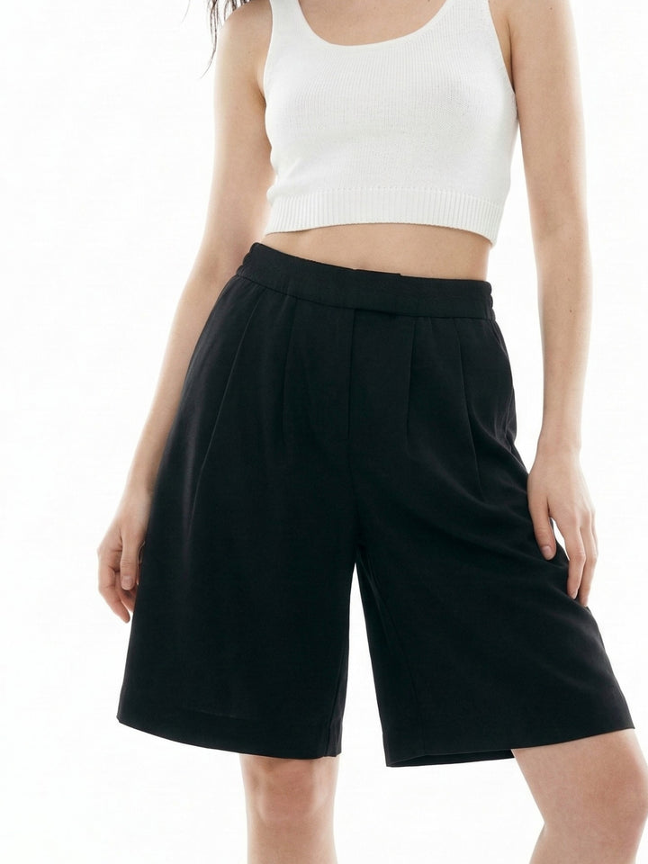 Black Elasticated Pleated Shorts