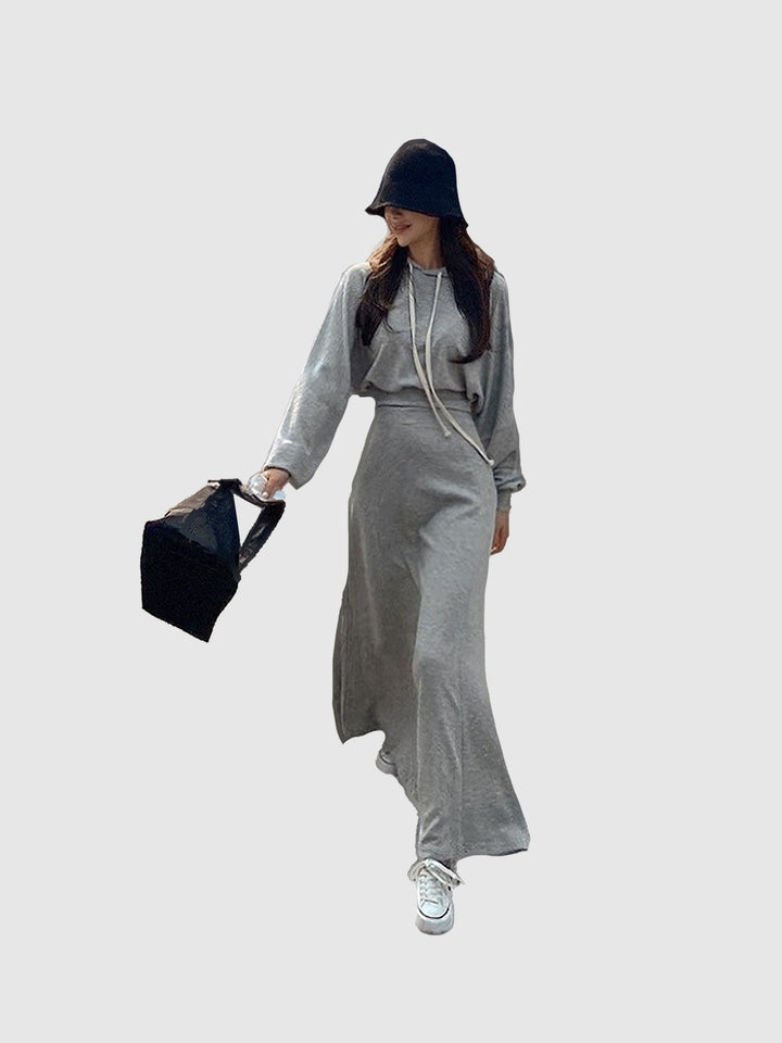 Solid Grey Hoodie And Skirt Co-Ord Set