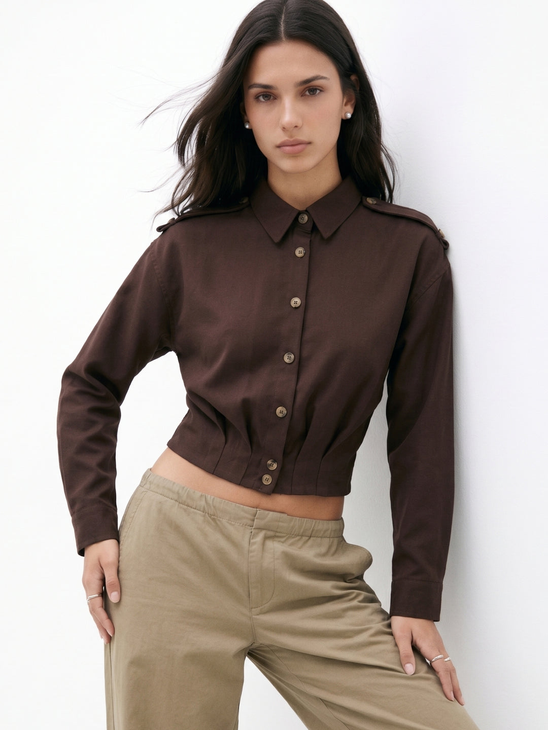 Brown Pleated Detail Front Buttoned Shirt