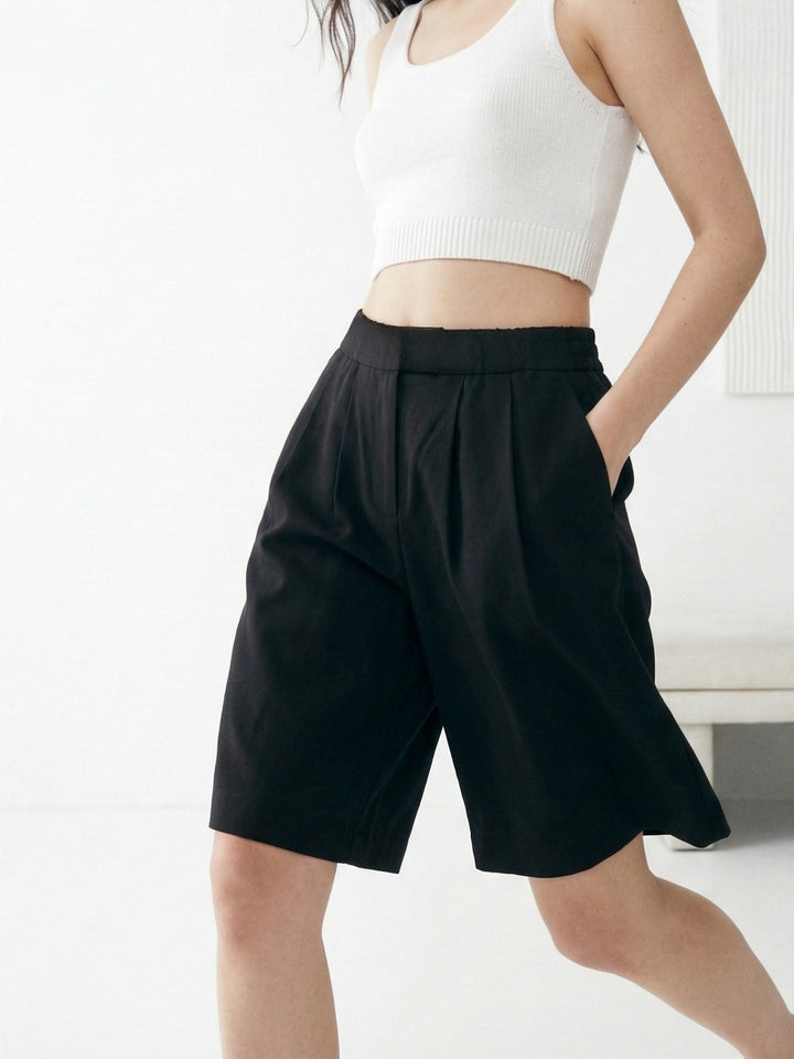Black Elasticated Pleated Shorts