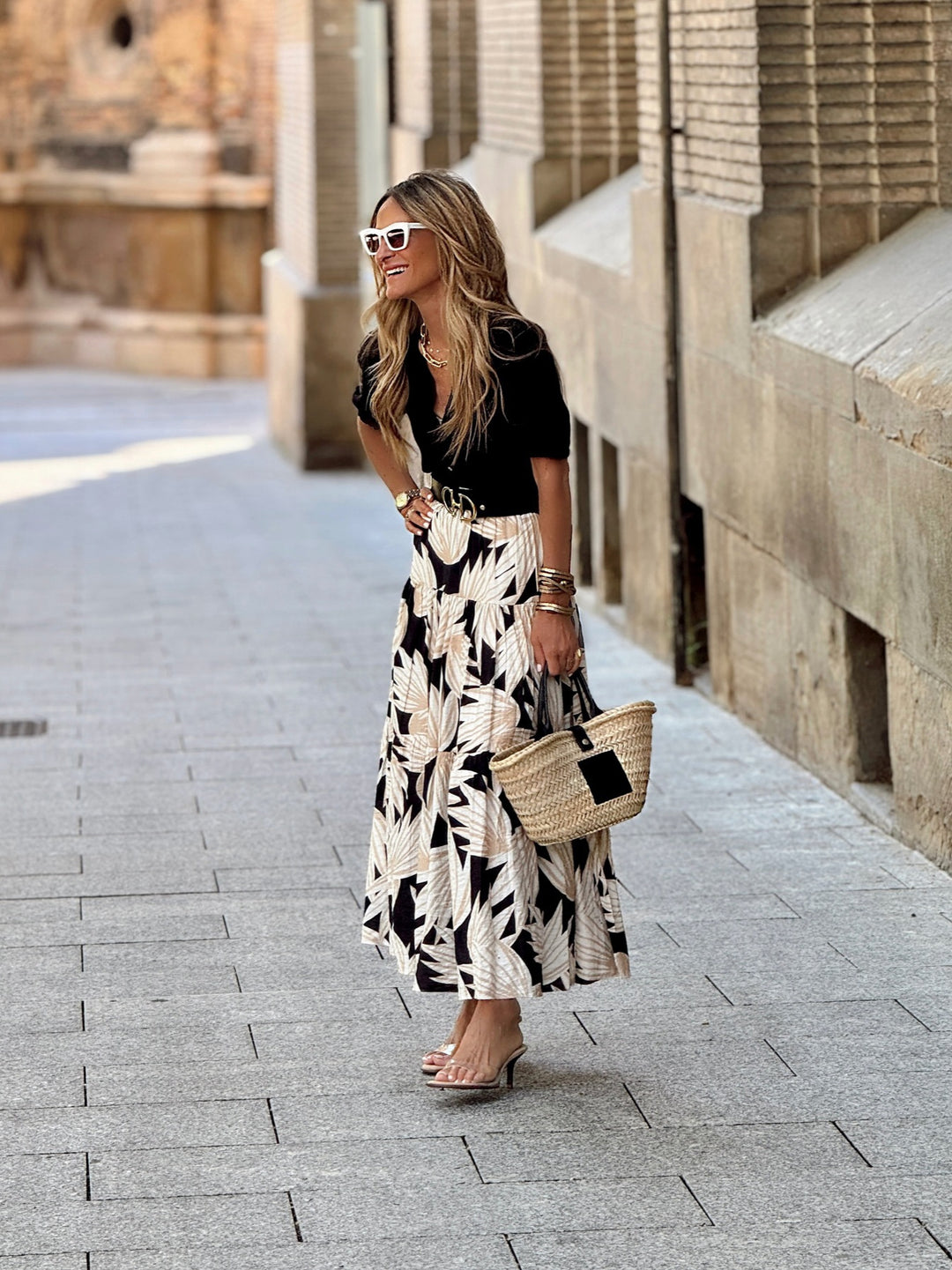 Beige Printed Long Skirt