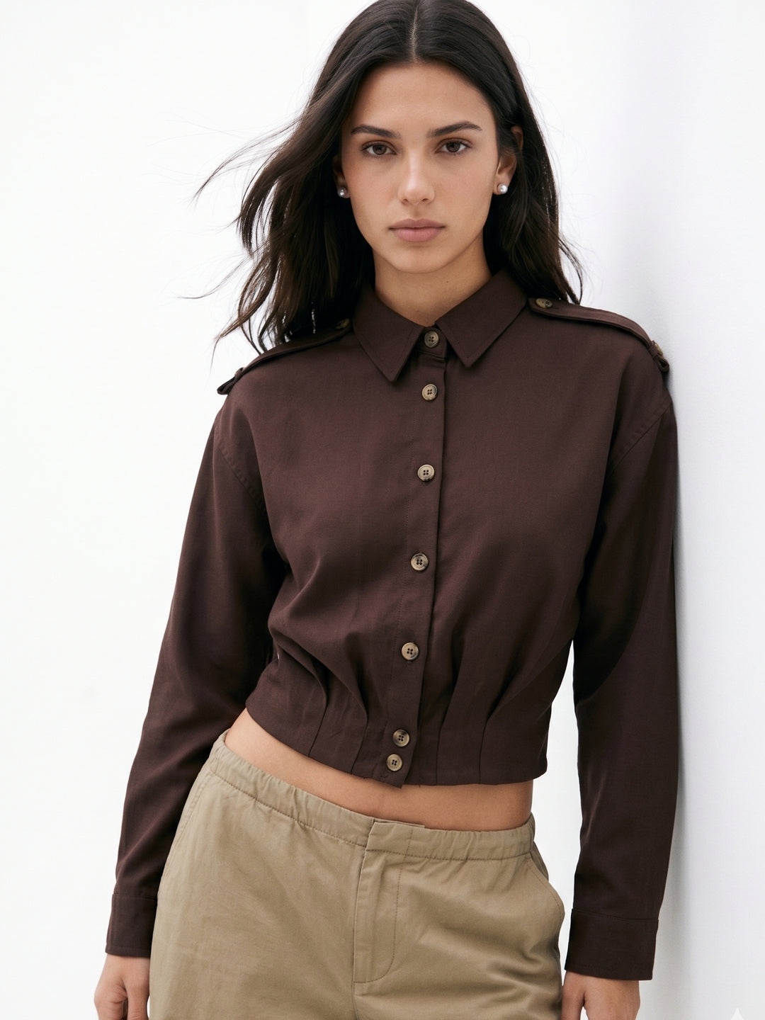 Brown Pleated Detail Front Buttoned Shirt