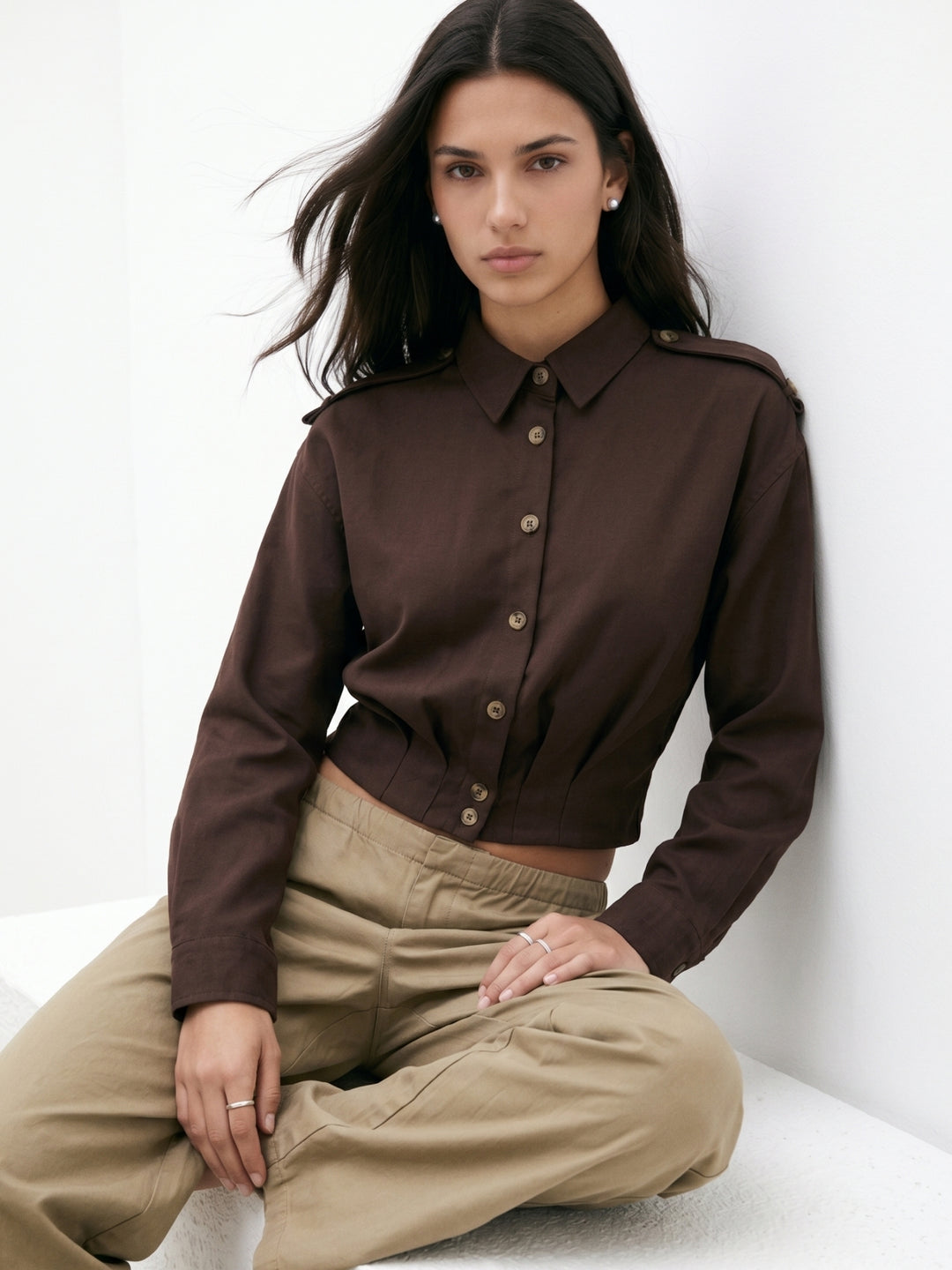 Brown Pleated Detail Front Buttoned Shirt
