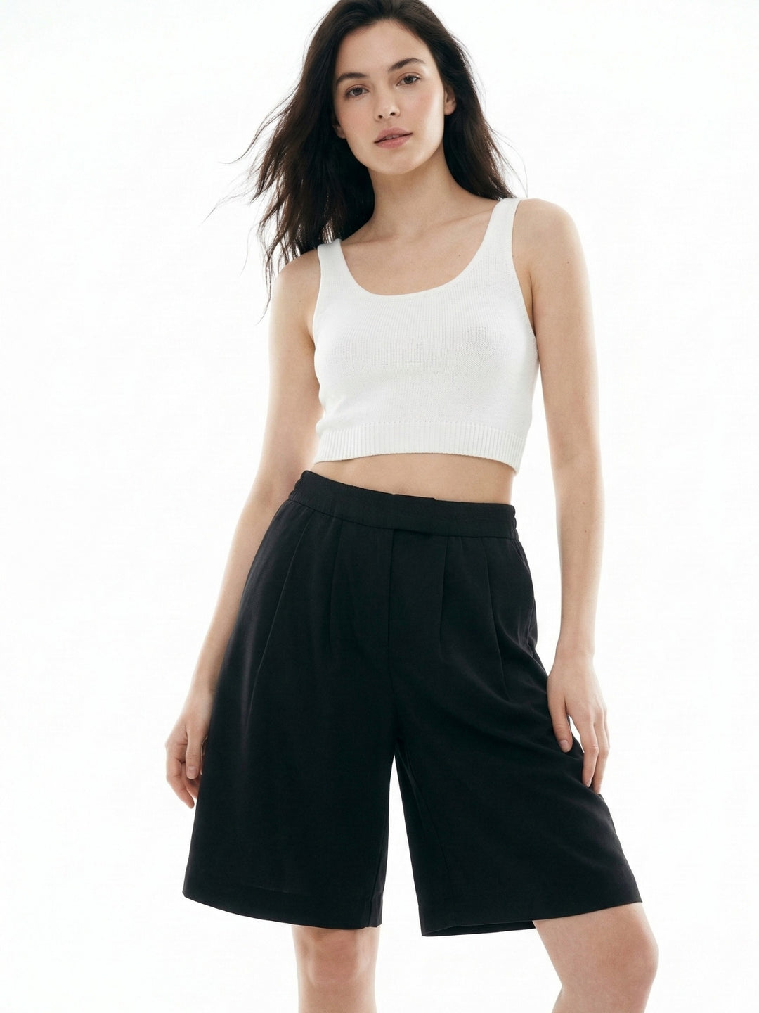 Black Elasticated Pleated Shorts