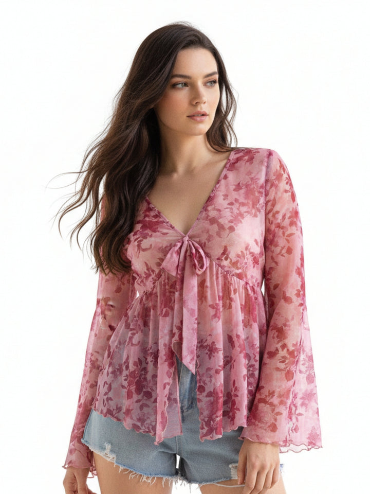 Pink Flared Sleeve Floral Printed Top