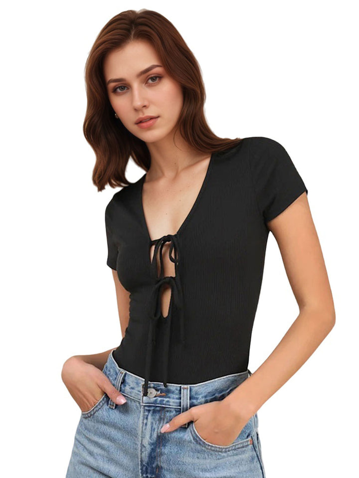 Black Front Tie-Up Short Sleeve Top