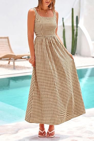 Beige Striped Square Neck Cinched Waist Dress