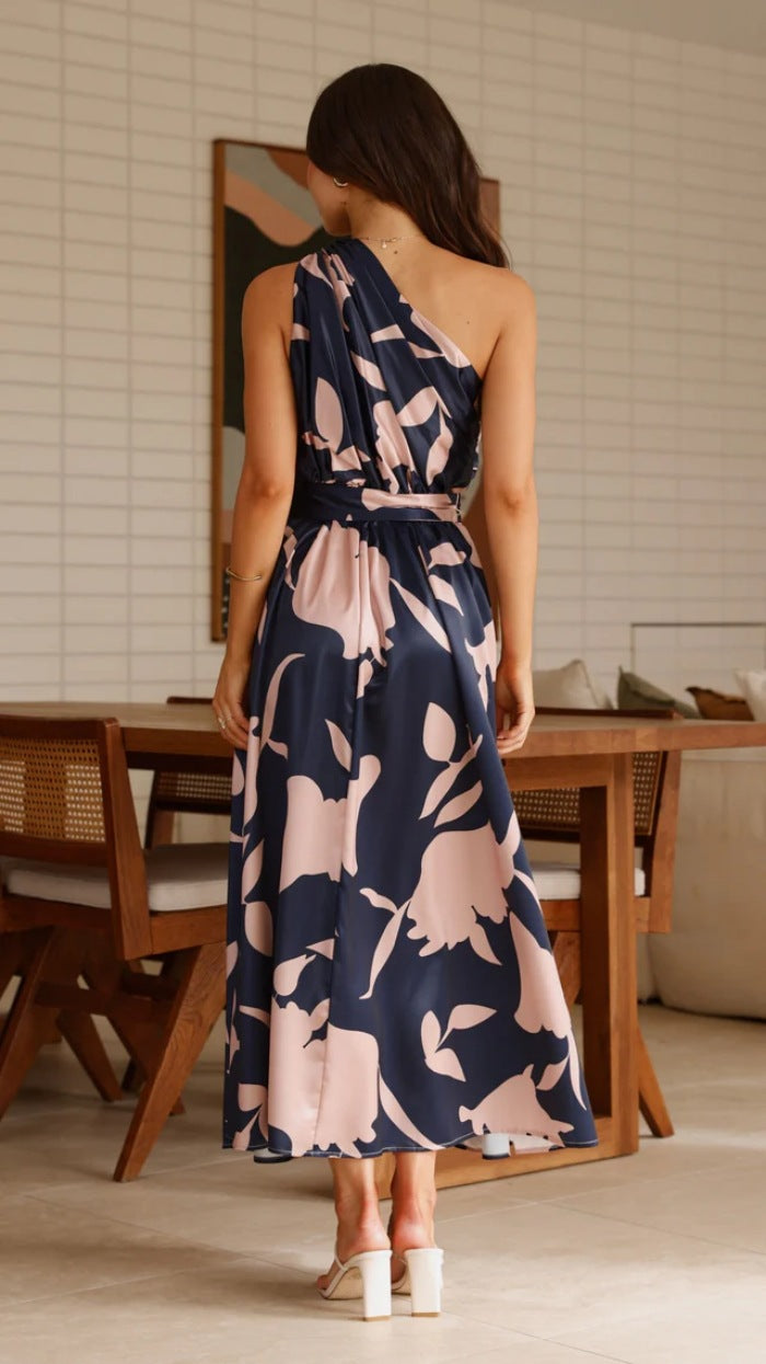 Navy Blue Abstract Printed One Shoulder Dress