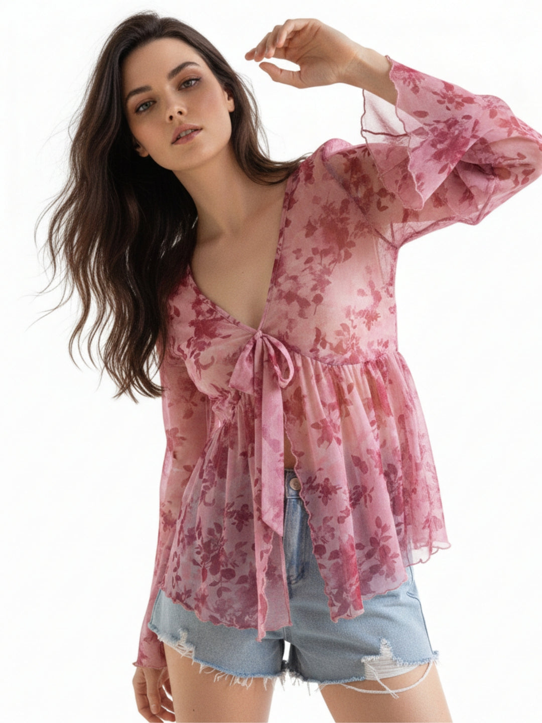 Pink Flared Sleeve Floral Printed Top