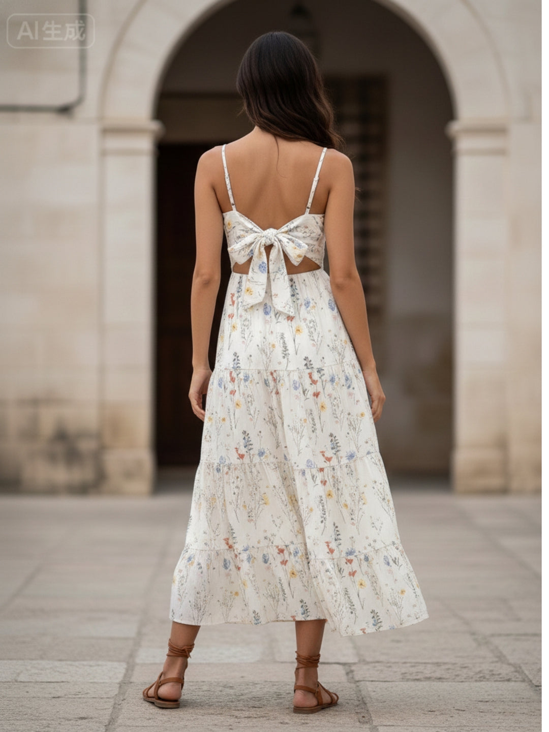 Cream Shoulder Strap Back Bow Tiered Dress