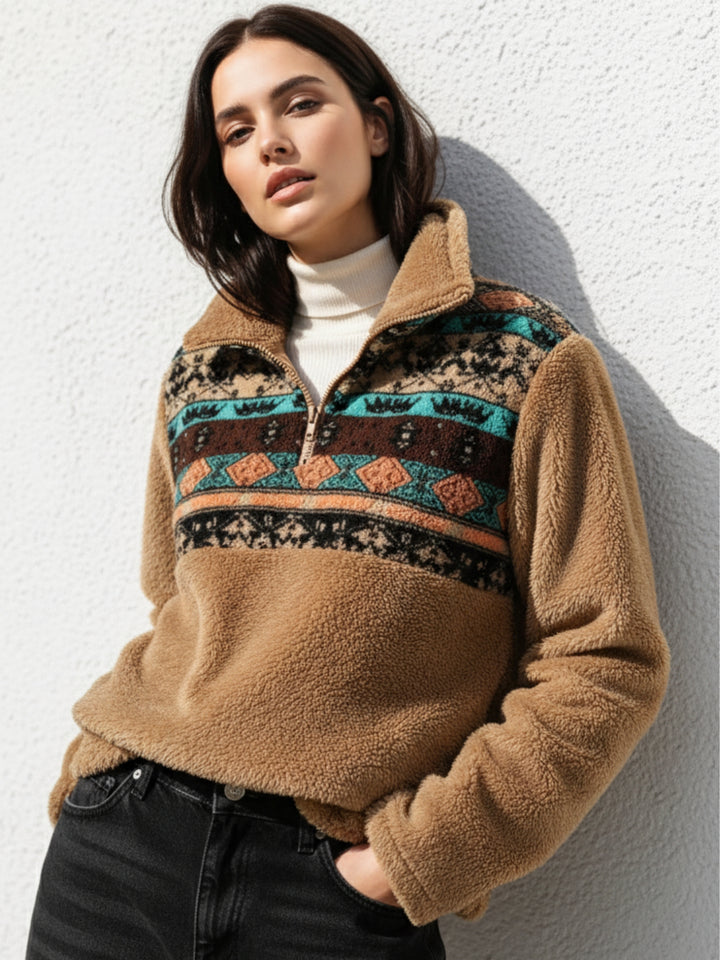 Brown Full Sleeve Printed Half Zip Sweatshirt