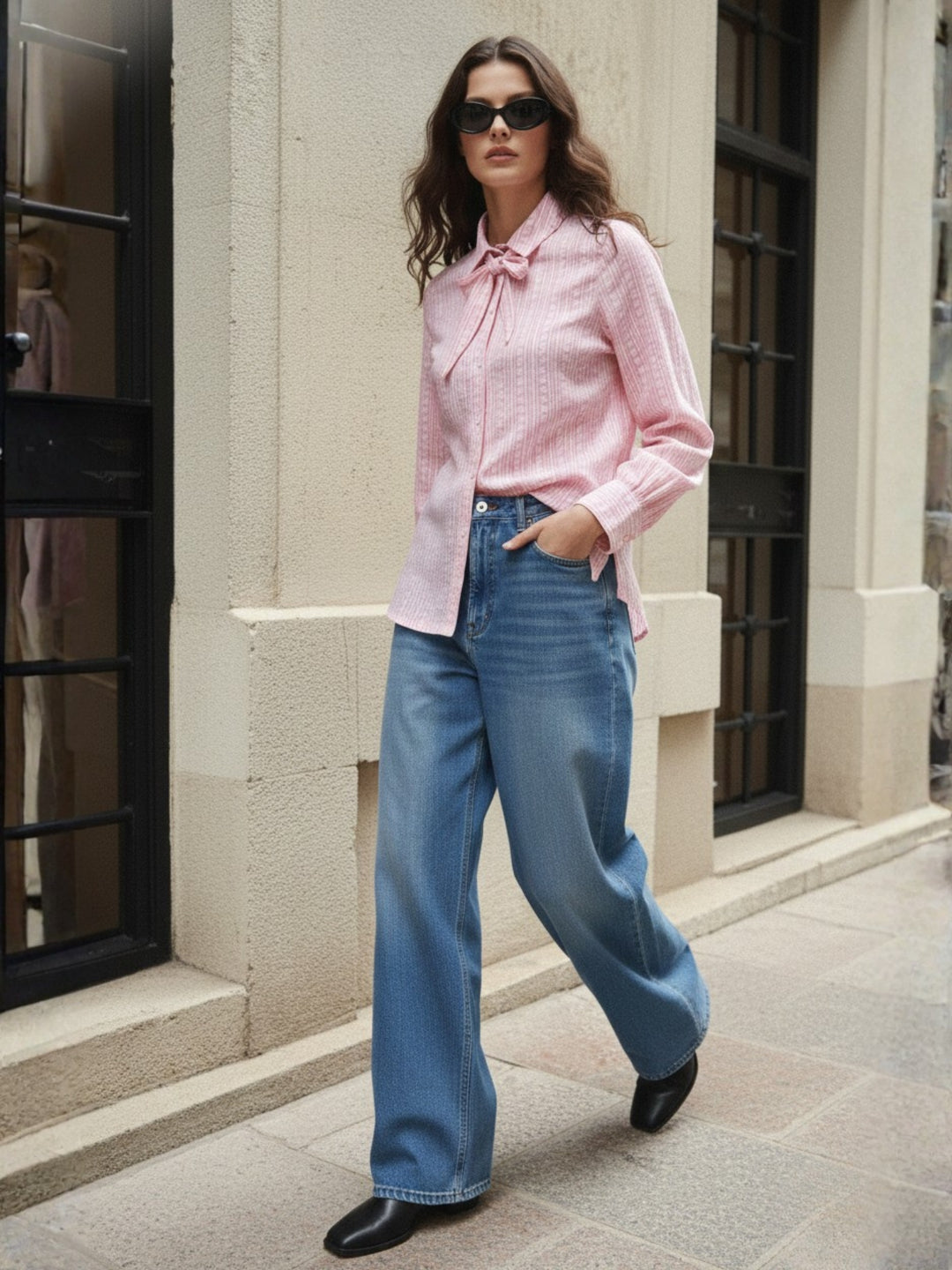 Pink Heart Dobby Tie Neck Shirt