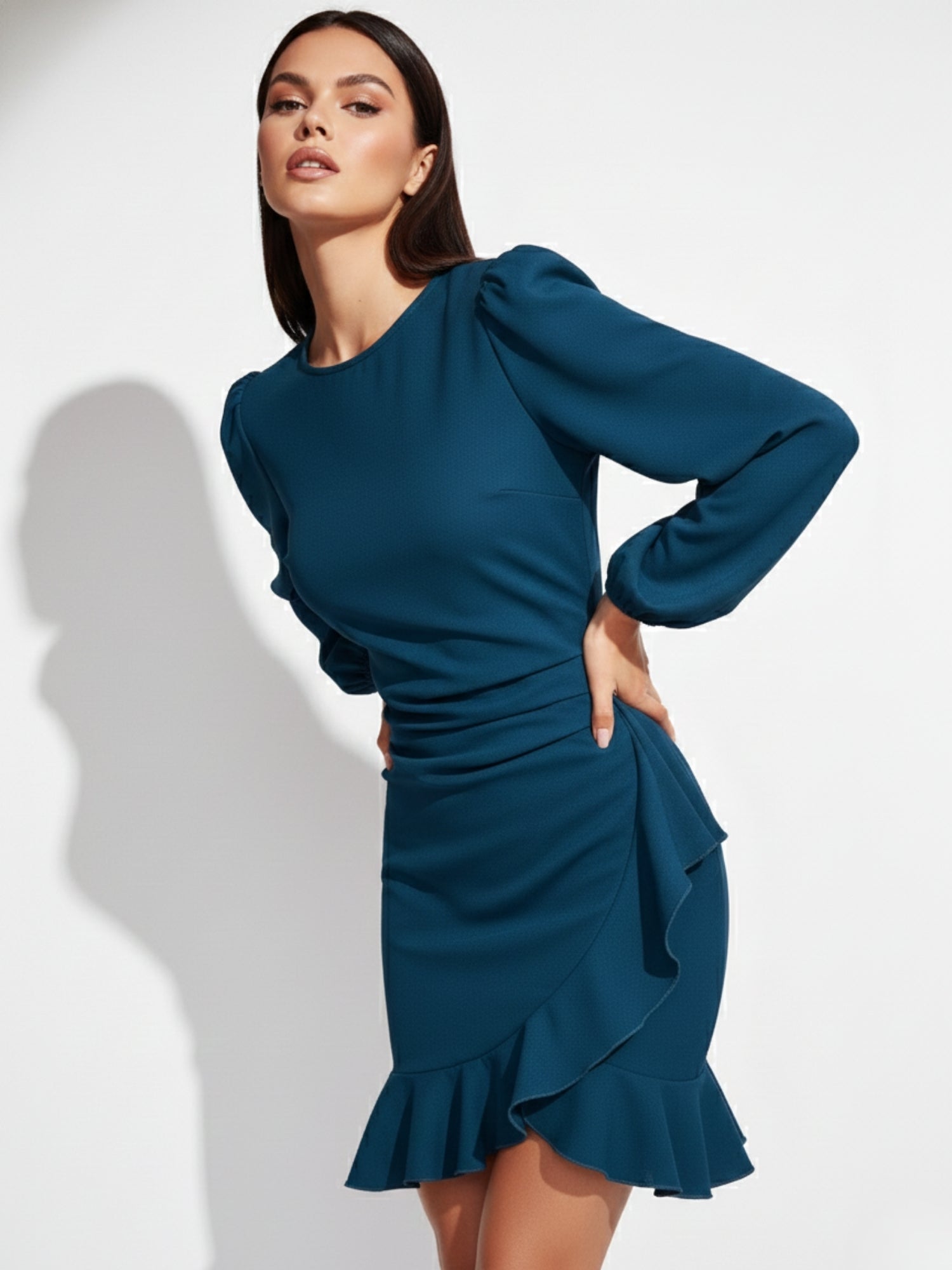 Teal High Neck Balloon Sleeved Mini Dress