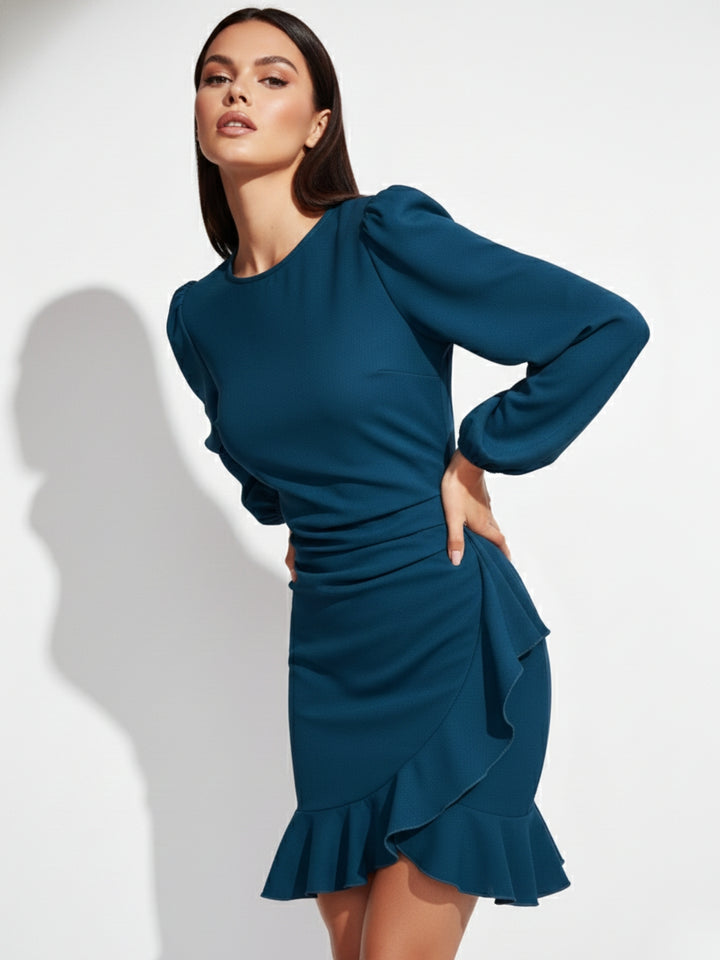 Teal High Neck Balloon Sleeved Mini Dress
