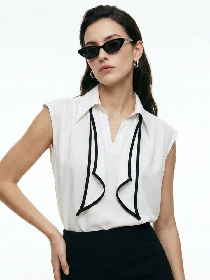 Off White Sleeveless Tie-Neck Blouse