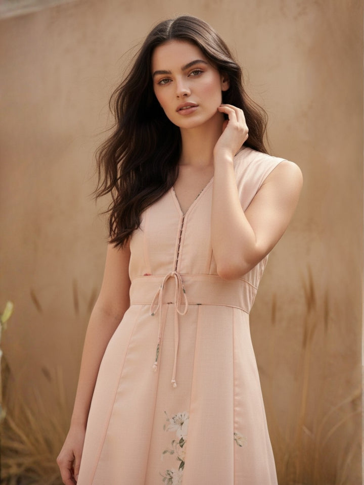 Pink Midi Printed Dress With Bow Tieup Detail