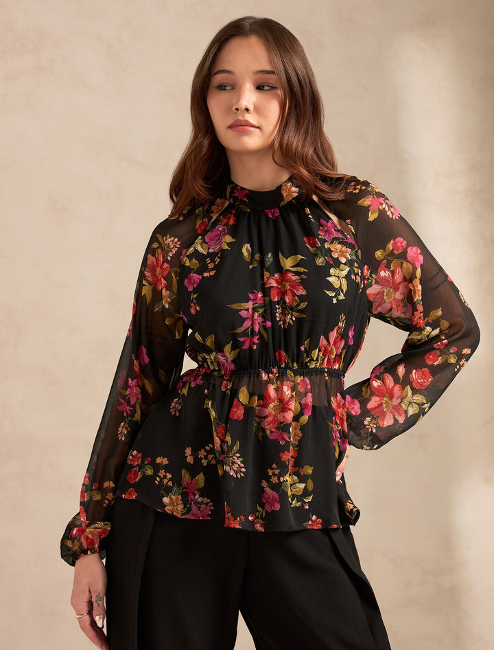Black Floral Printed Blouse With Peplum Waist Detail