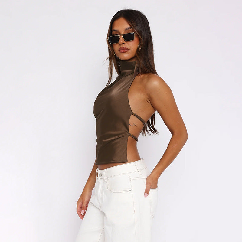 Brown  Cowl Neck Back Straps Top