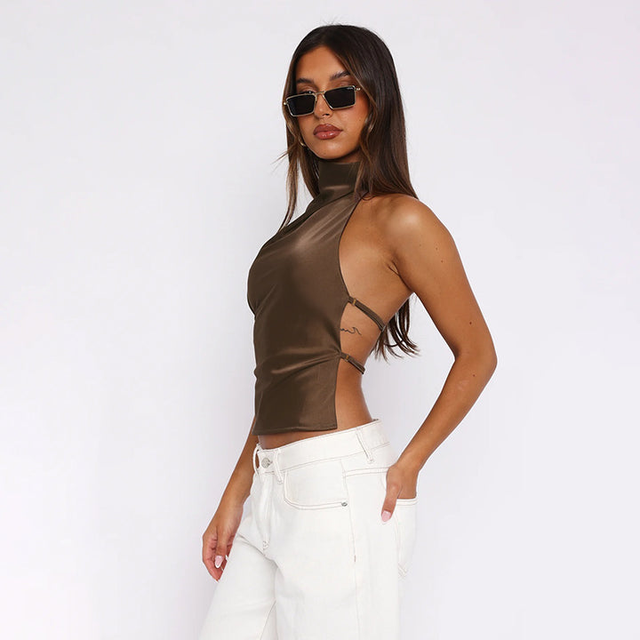Brown  Cowl Neck Back Straps Top
