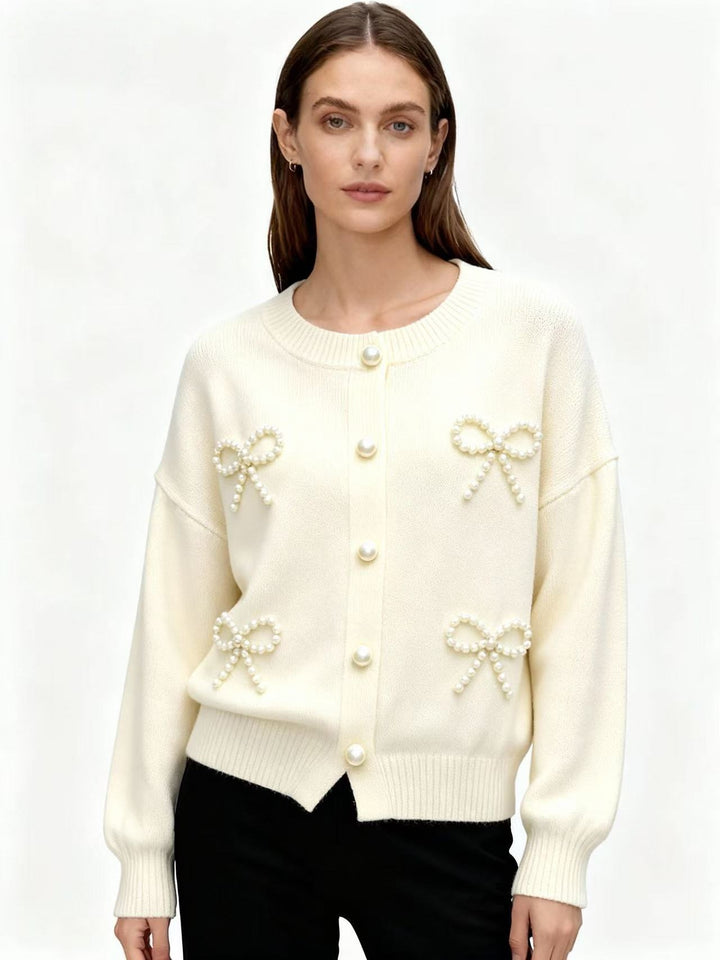 Cream Full Sleeve Front Buttoned Embellished Cardigan