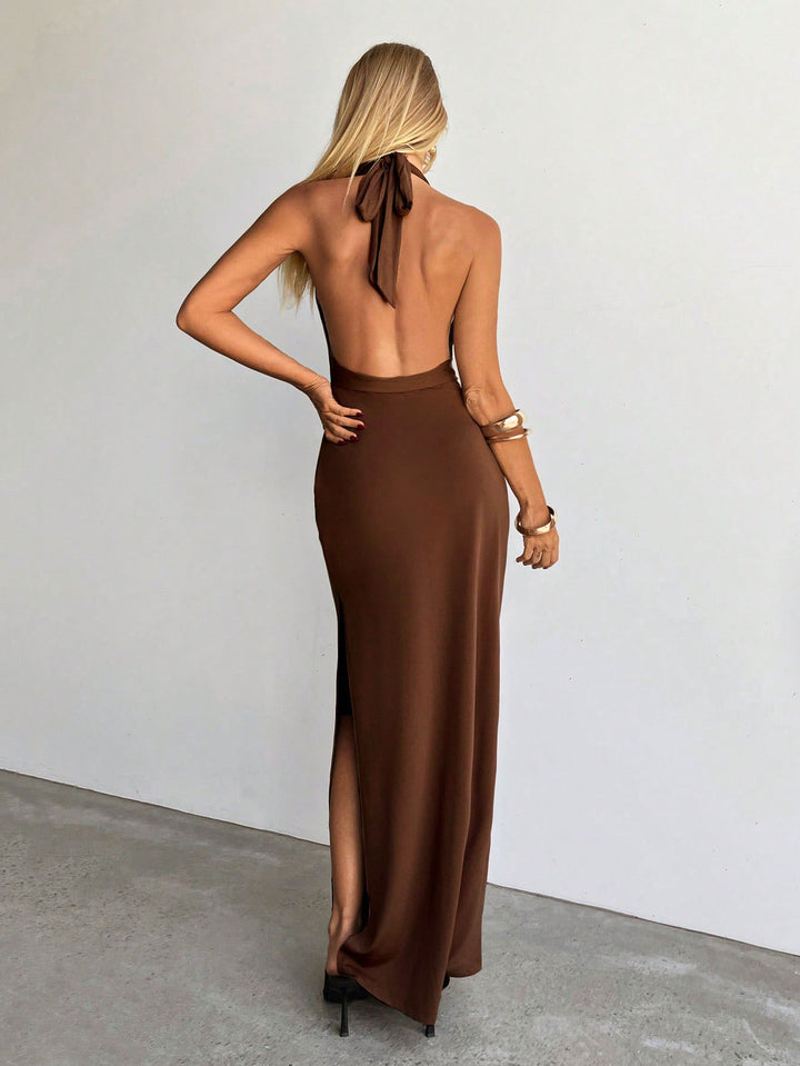 Brown Halter Neck Buckle Attached Dress