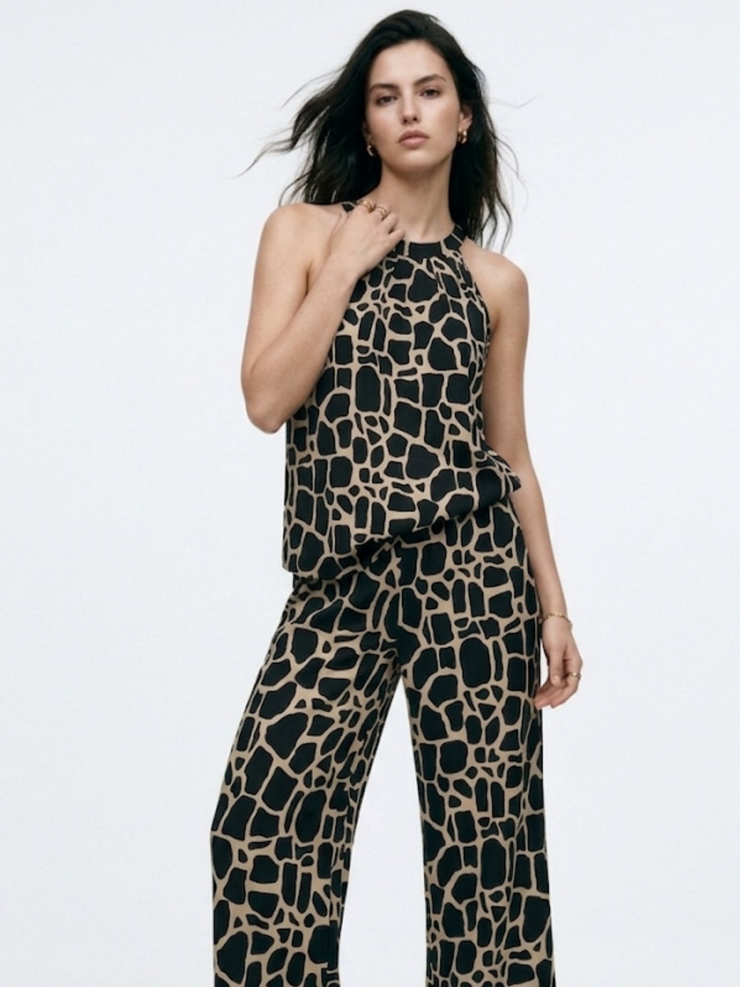Black Abstract Patterned Halter Top And Trousers Co-Ord Set