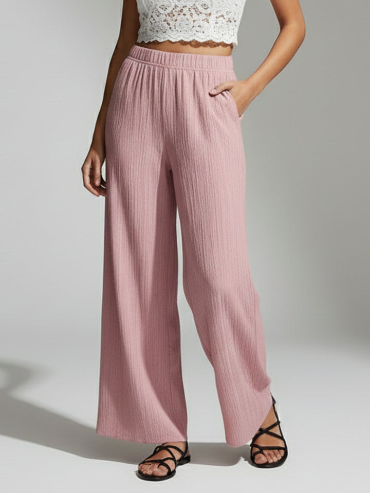 Pink Flat Waistband Textured Wide Leg Trouser