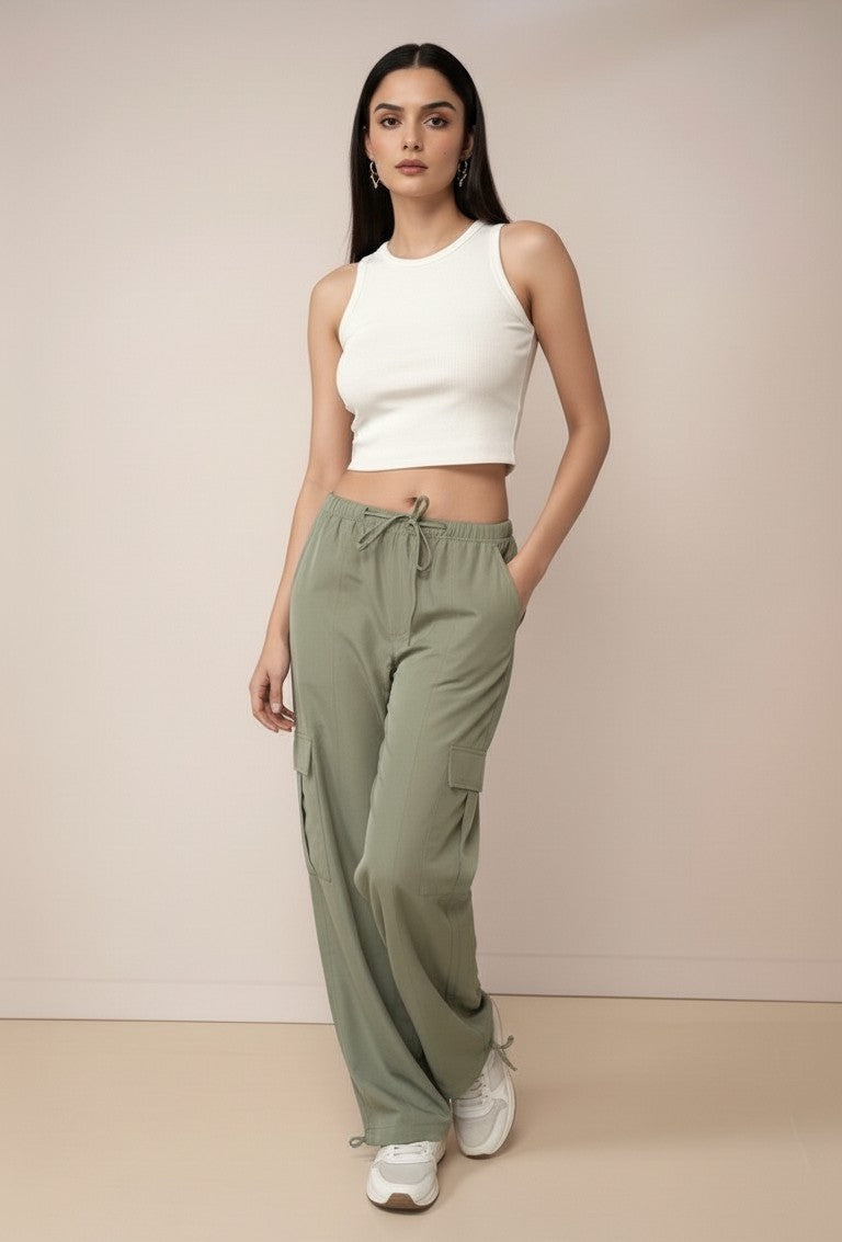 Olive Cargo Pockets Drawstring Wid Leg Trouser