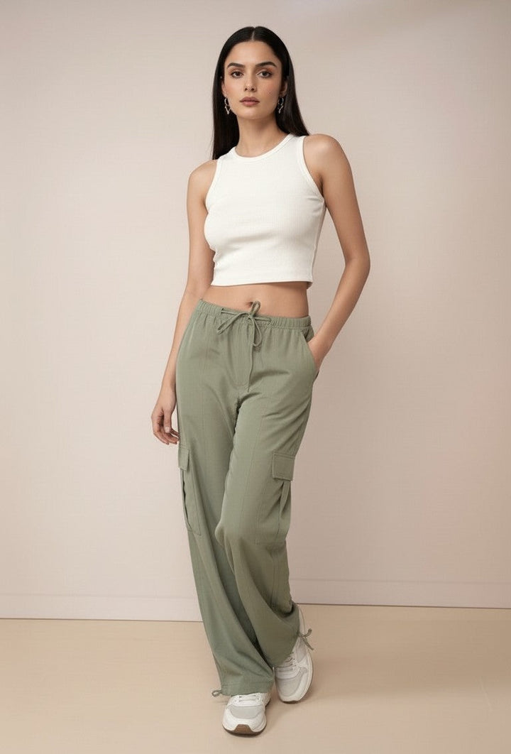 Olive Cargo Pockets Drawstring Wid Leg Trouser
