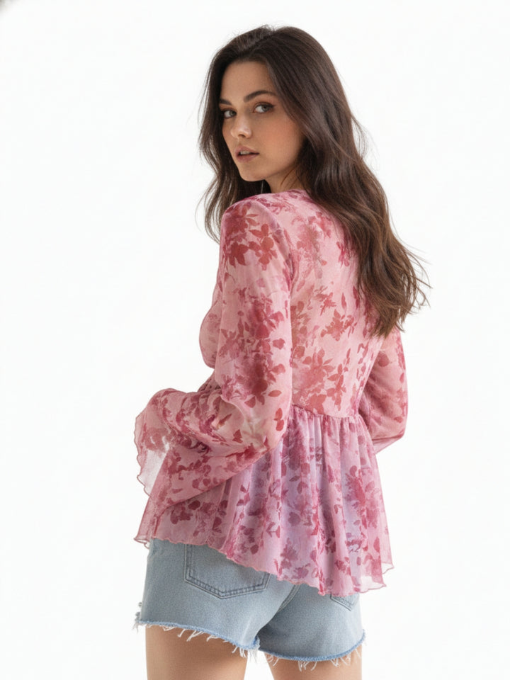Pink Flared Sleeve Floral Printed Top