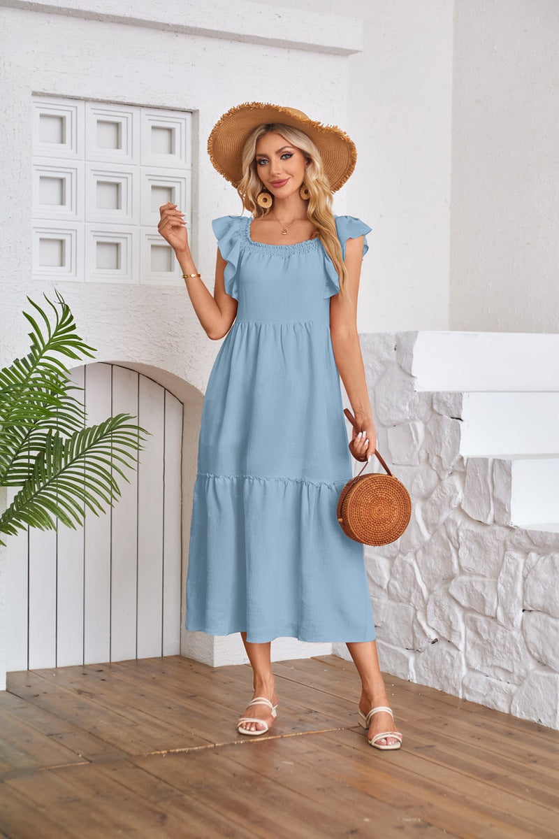 Blue Solid Flutter Sleeved Empire Waist Smocked Dress