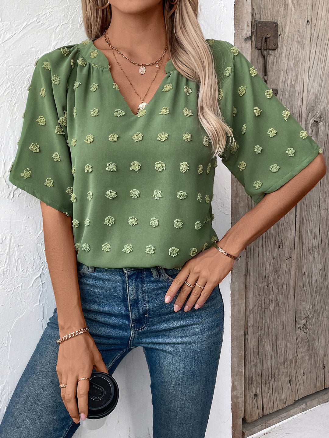 Green V- Neck Short Sleeve Top