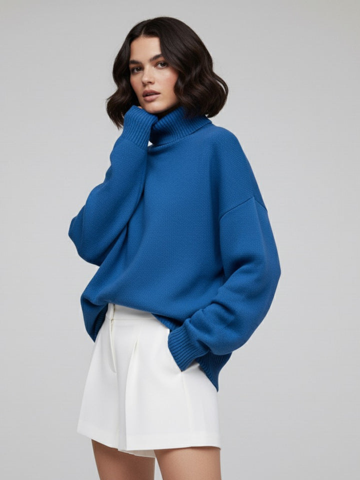 Blue Turtle Neck Oversized Solid Sweater