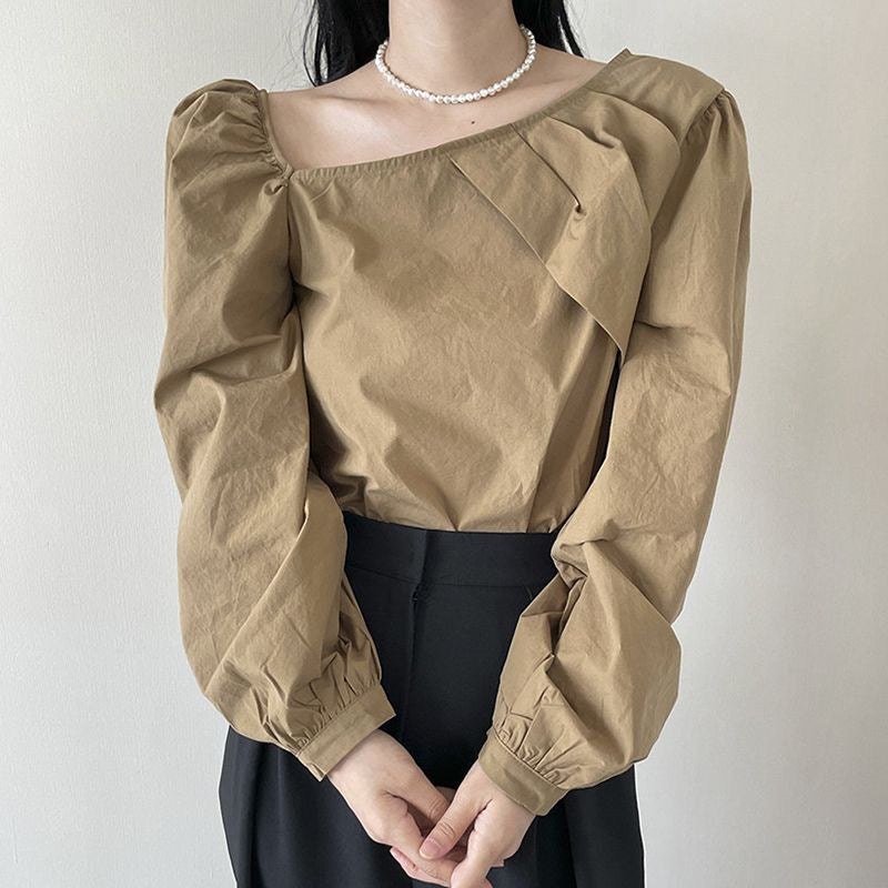 Khaki Assymetric Nwck With Pleats Top