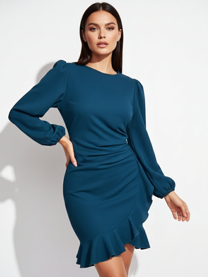 Teal High Neck Balloon Sleeved Mini Dress