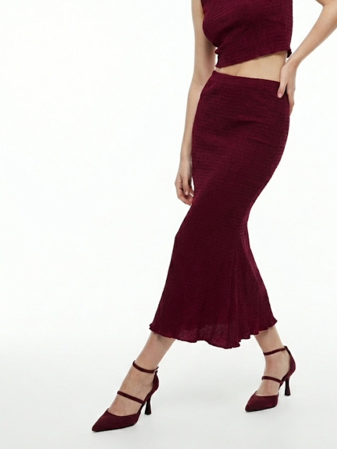 Burgundy Fish-Tail Fit Skirt With Peplum Hem