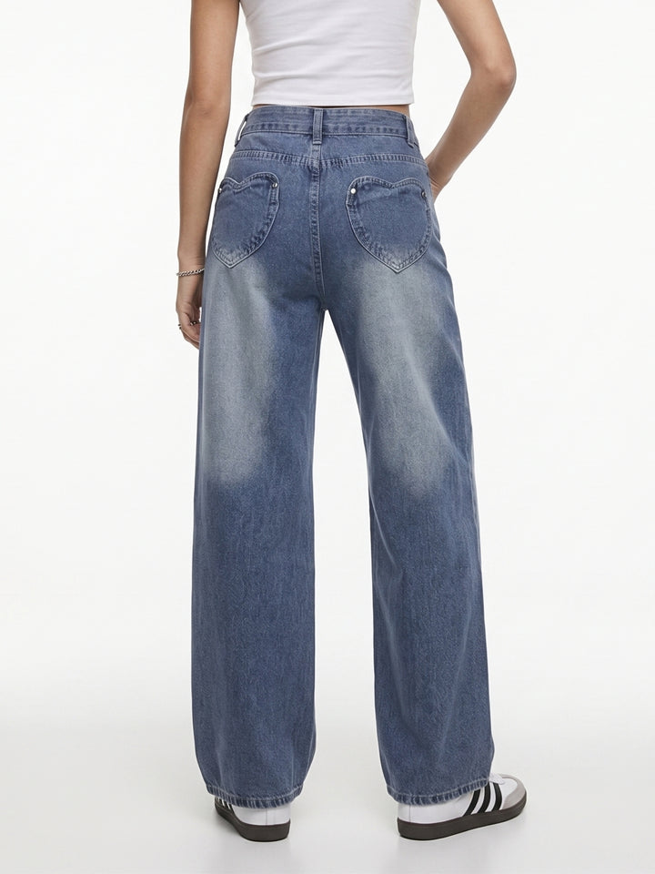 Blue Tinted Barrel Jeans Fit With Heart Shaped Back Patch