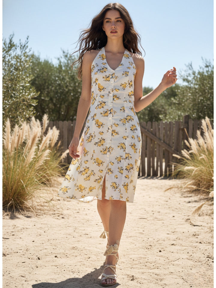 Off White Printed Halter Mini Dress