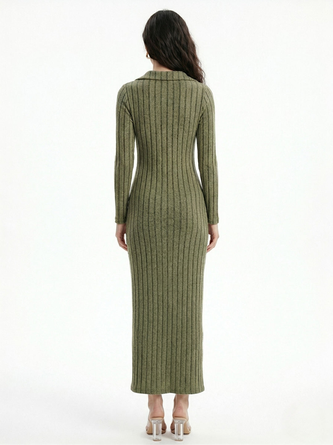 Olive Collared Wide Spaced Rib Dress