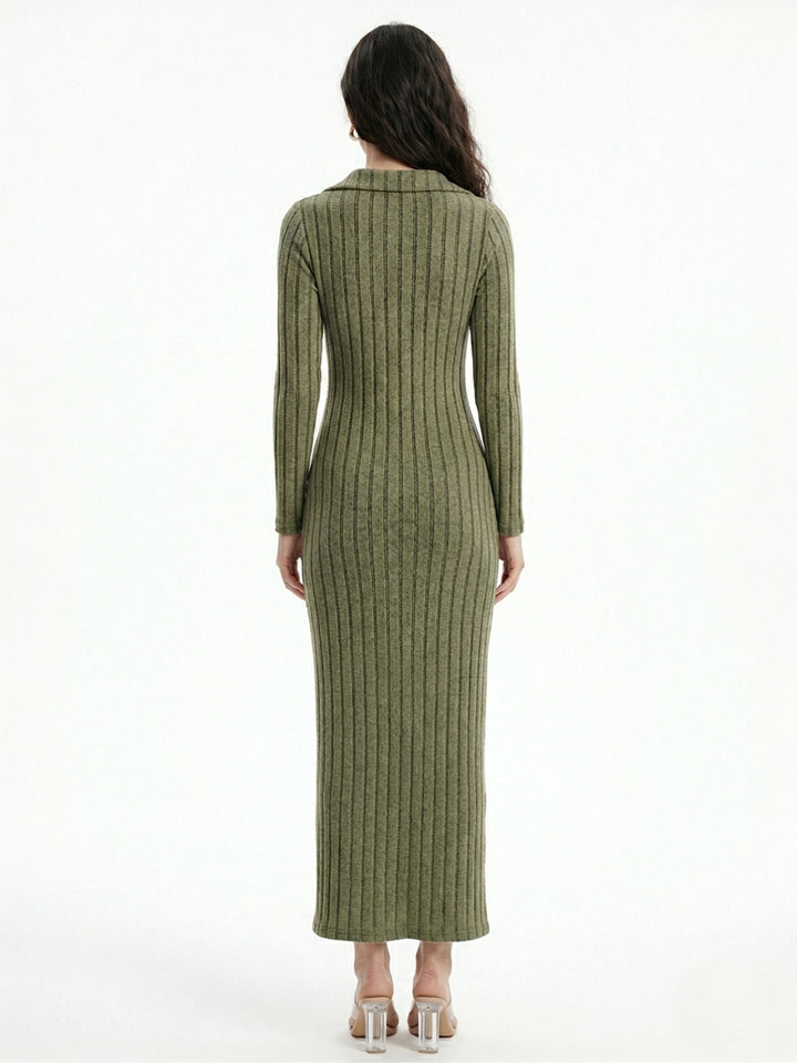 Olive Collared Wide Spaced Rib Dress