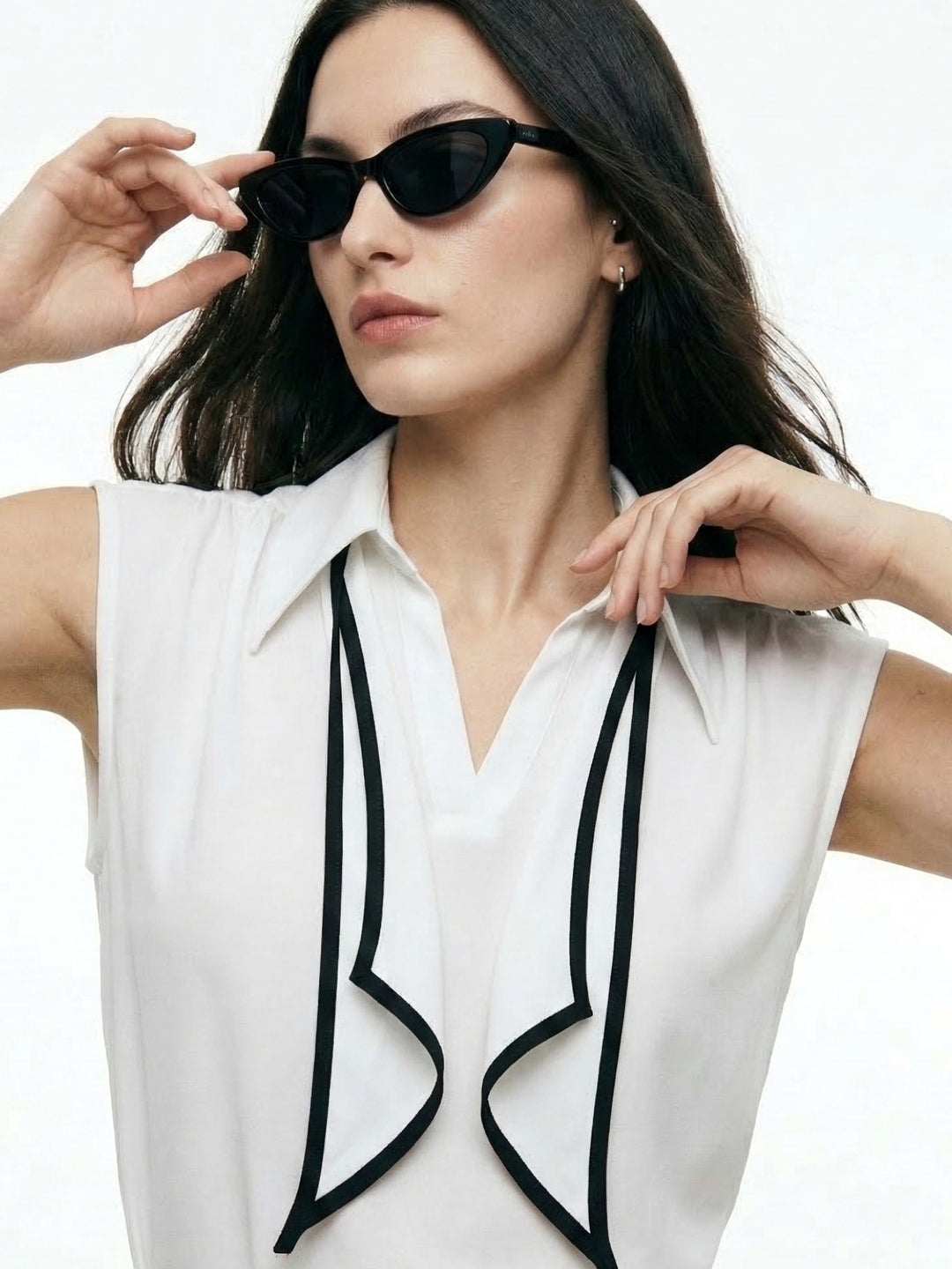 Off White Sleeveless Tie-Neck Blouse