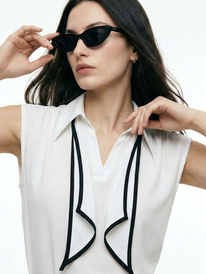 Off White Sleeveless Tie-Neck Blouse