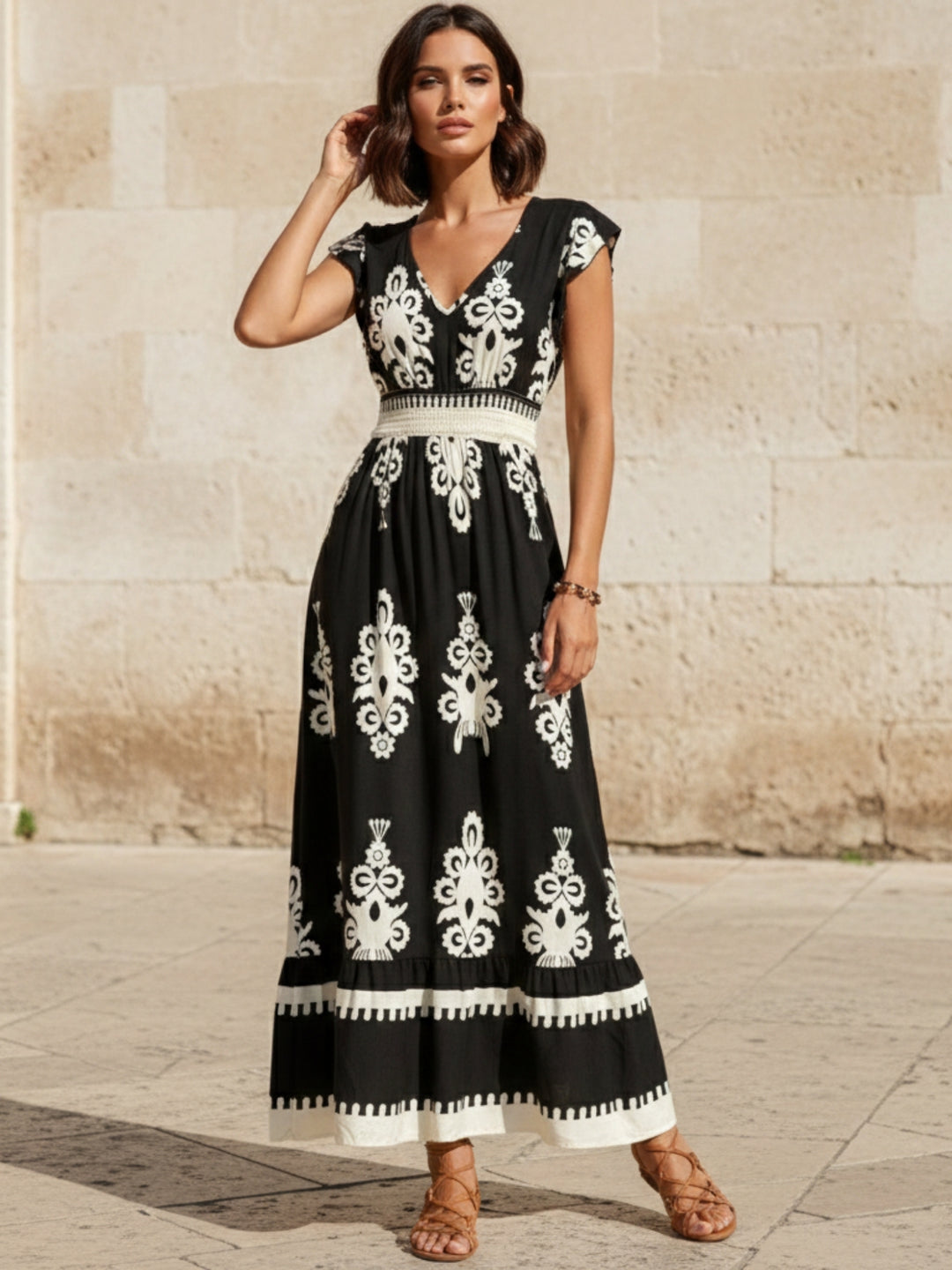 Black Short Sleeve V Neck Printed Flared Dress