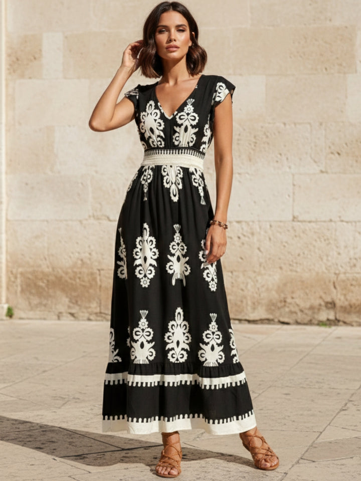 Black Short Sleeve V Neck Printed Flared Dress