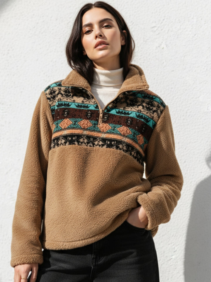 Brown Full Sleeve Printed Half Zip Sweatshirt