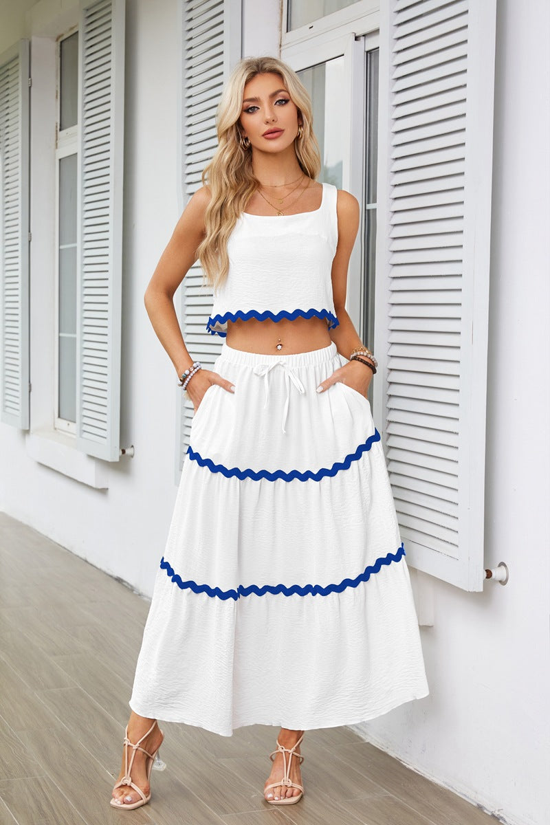 Off White Contrast Tipping Top And Skirt Co-Ord Set