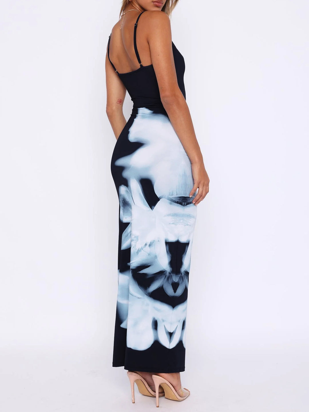 Black Spaghetti Strap Printed Dress
