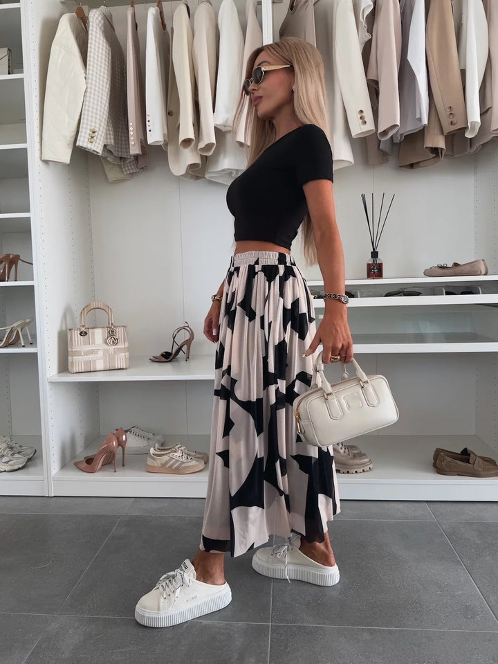 White Printed Pleated Flowy Skirt